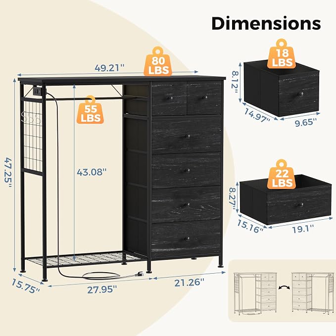 DUMOS Dresser for Bedroom with Hanging Rack, 6 Drawer Fabric Dresser with - Image 3