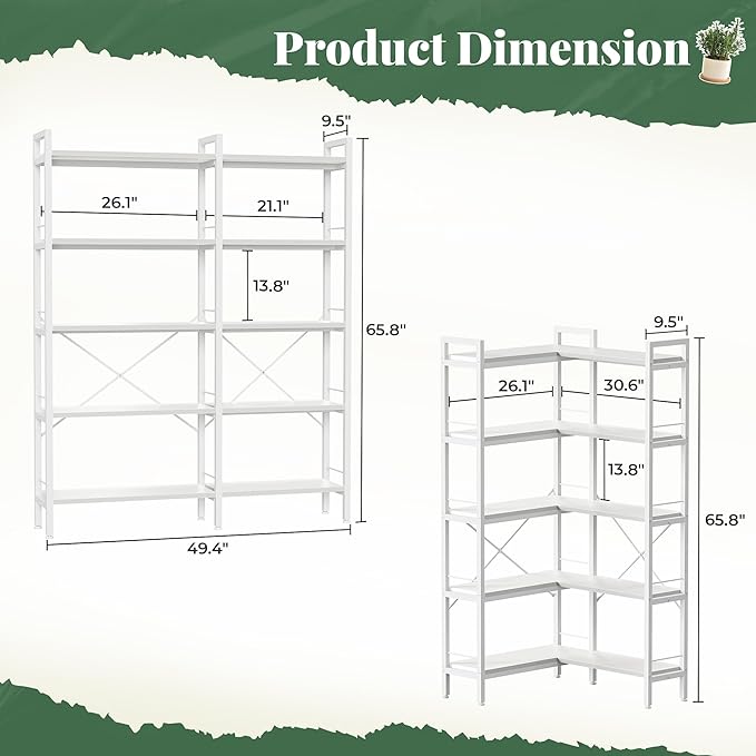 Huuger 5 Tier Bookshelf, L Shaped Corner Bookshelf - Image 2