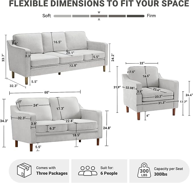 Kingfun Living Room Furniture Sets, 3 Seater Couch, Armchair and Loveseat - Image 2