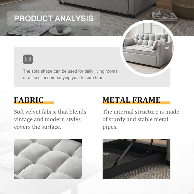 3-in-1 Loveseat Sleeper Sofa, Modern 55.5" Pull Out Couch, Velvet Upholstered - Image 5