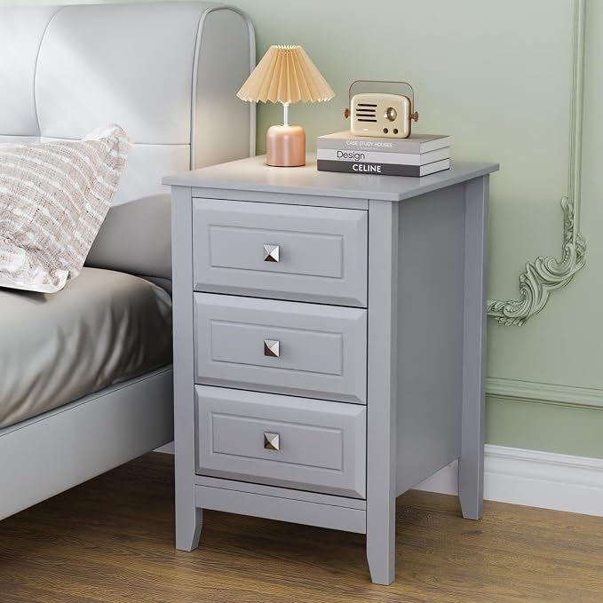 Bonnlo Gray Nightstand with 3 Drawers, Modern Night Stand by Bonnlo