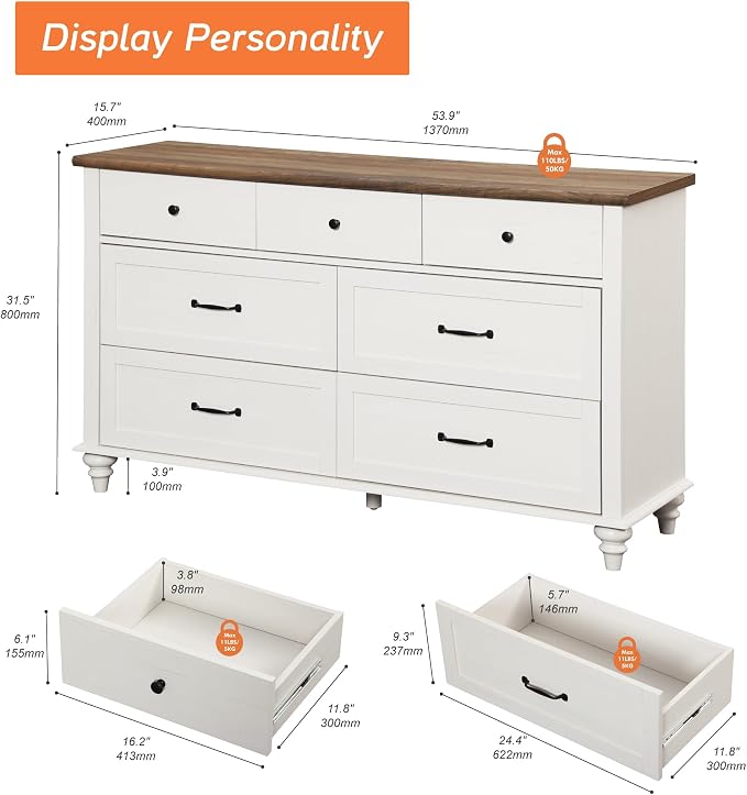 WAMPAT 7 Drawer Dresser for Bedroom, Wide Wooden Chest of Drawers Distressed - Image 2