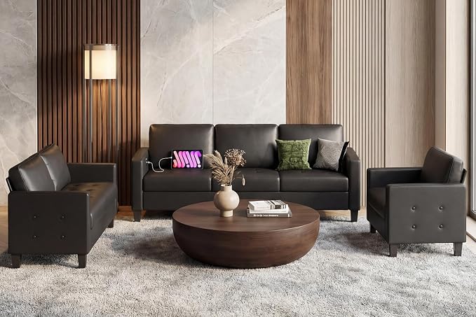STHOUYN Black Faux Leather 3 Seater Sofa, Loveseat and Accent Chair, Modern by STHOUYN
