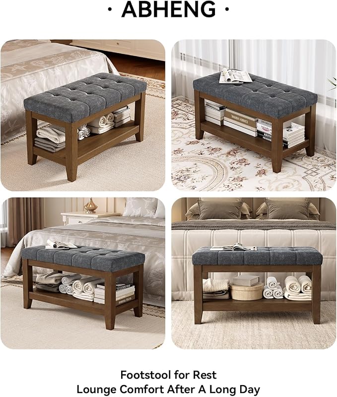 ABHENG Solid Rubber Wood Shoe Bench, Soft Chenille Material Upholstered Seat - Image 6