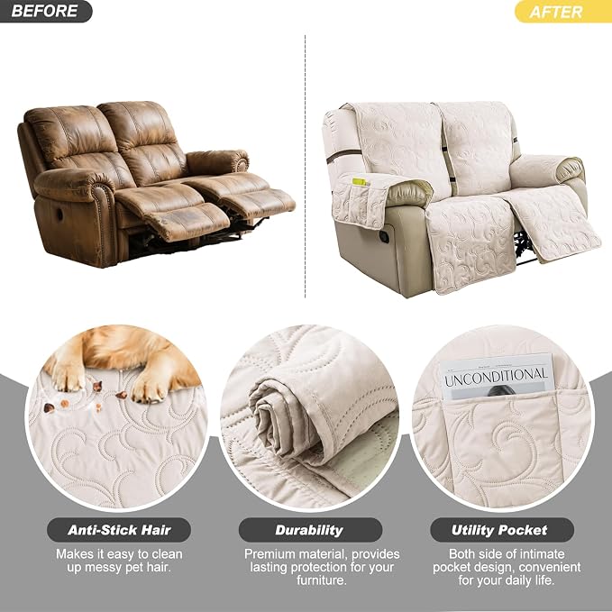 100% Waterproof Loveseat Recliner Cover, 4-Piece Split Reclining Couch Covers - Image 5
