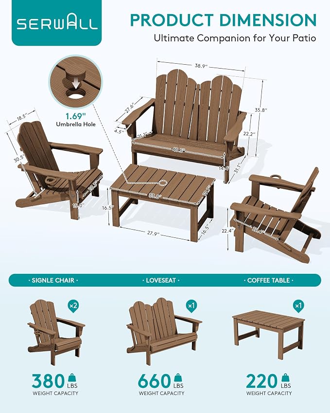 SERWALL 4 Pieces HDPE Patio Adirondack Chair Set, 2 Adirondack Chair - Image 2