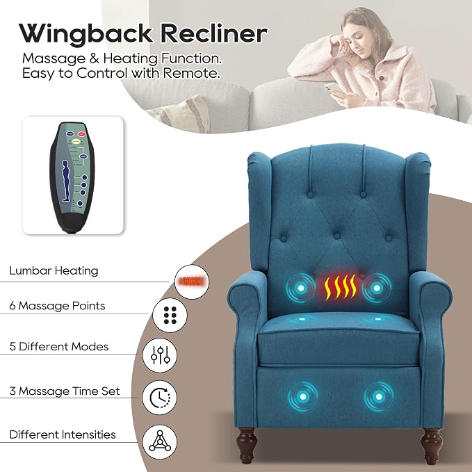 Wingback Recliner with Massage and Heat, Tufted Fabric Push Back Recliner Chair - Image 3
