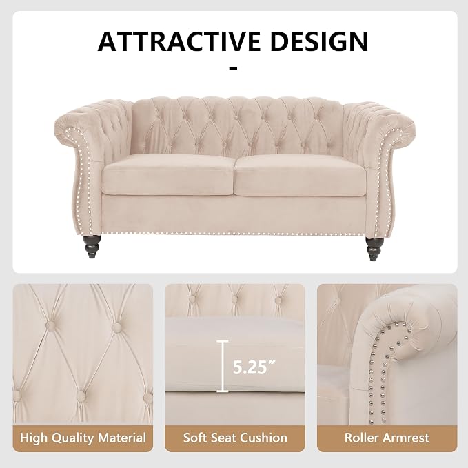 Chesterfield Loveseat Sofa, Modern Velvet Small Sofa Couch 2 Seater - Image 6
