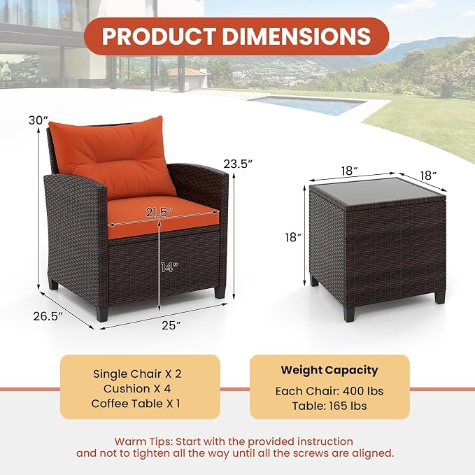 HAPPYGRILL 3 Pieces Patio Conversation Set, Outdoor Furniture Set PE Rattan - Image 9