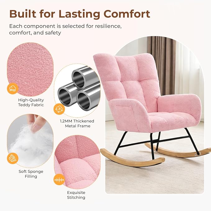 DUMOS Nursery Rocking Chair Teddy Upholstered, Comfy Glider Rocker - Image 6