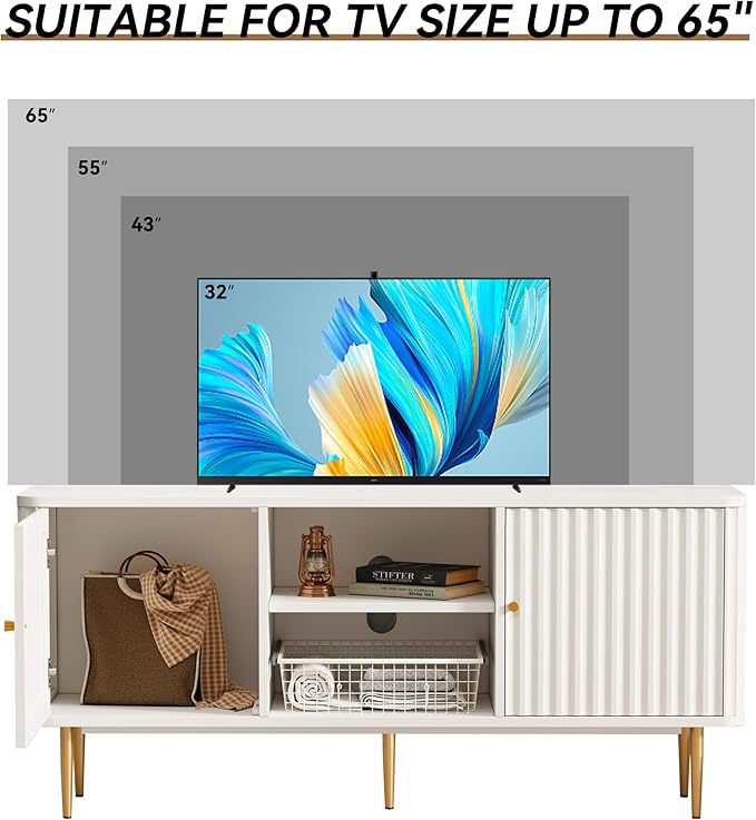 ARTPOWER 55” Fluted TV Stand, Mid Century Modern White TV Stand - Image 3