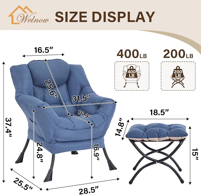 Welnow Lazy Chair with Ottoman, Modern Accent Chair with Armrests and a Side - Image 3