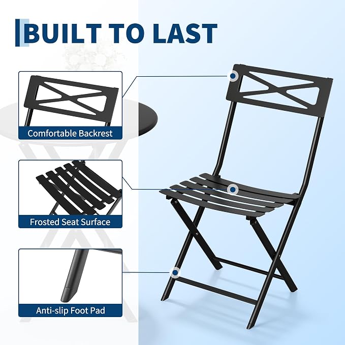 GarveeTech 3-Piece Folding Bistro Set, Heavy Duty Outdoor Patio Furniture - Image 3