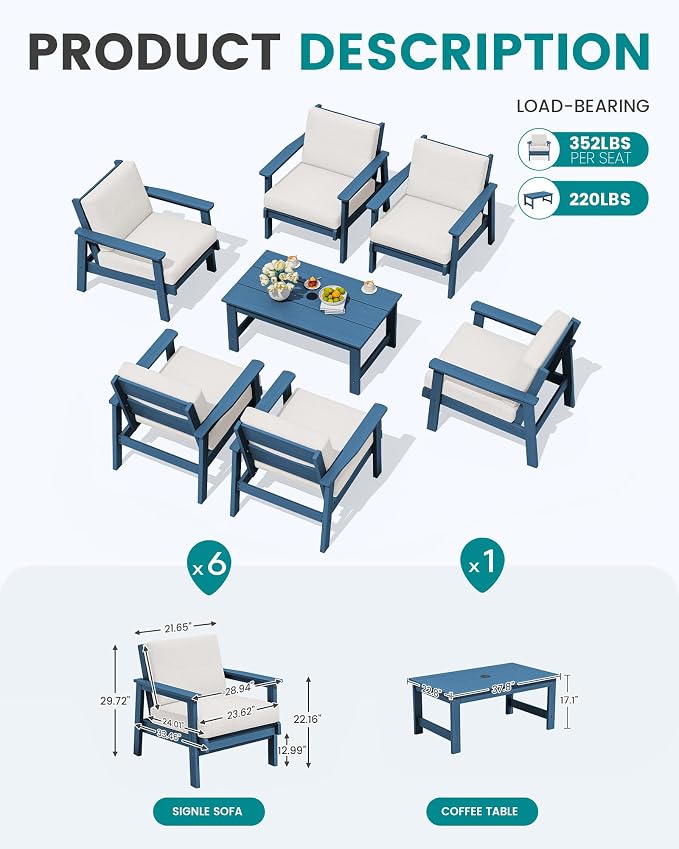 SERWALL HDPE Outdoor Furniture Set, 7 Piece All Weather Wood-Like Outdoor Sofa - Image 2