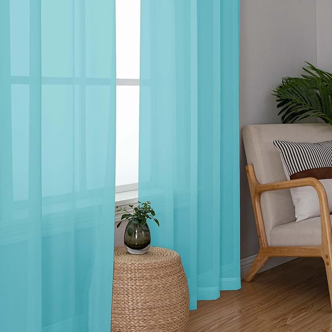 OWENIE Short Aqua Sheer Curtains 36 Inch Length 2 Panels Set, Kitchen Tiers - Image 3