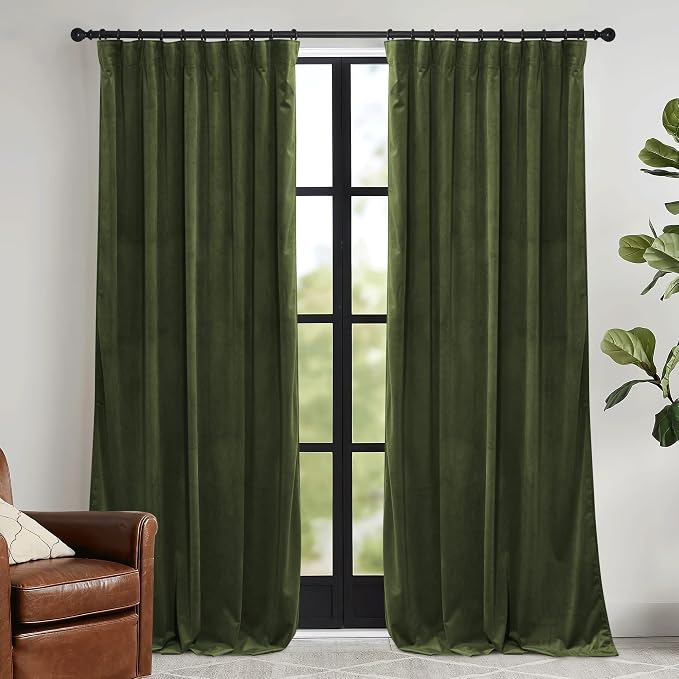 RYB HOME Olive Green Velvet Curtains 90 inches Long by RYBHOME