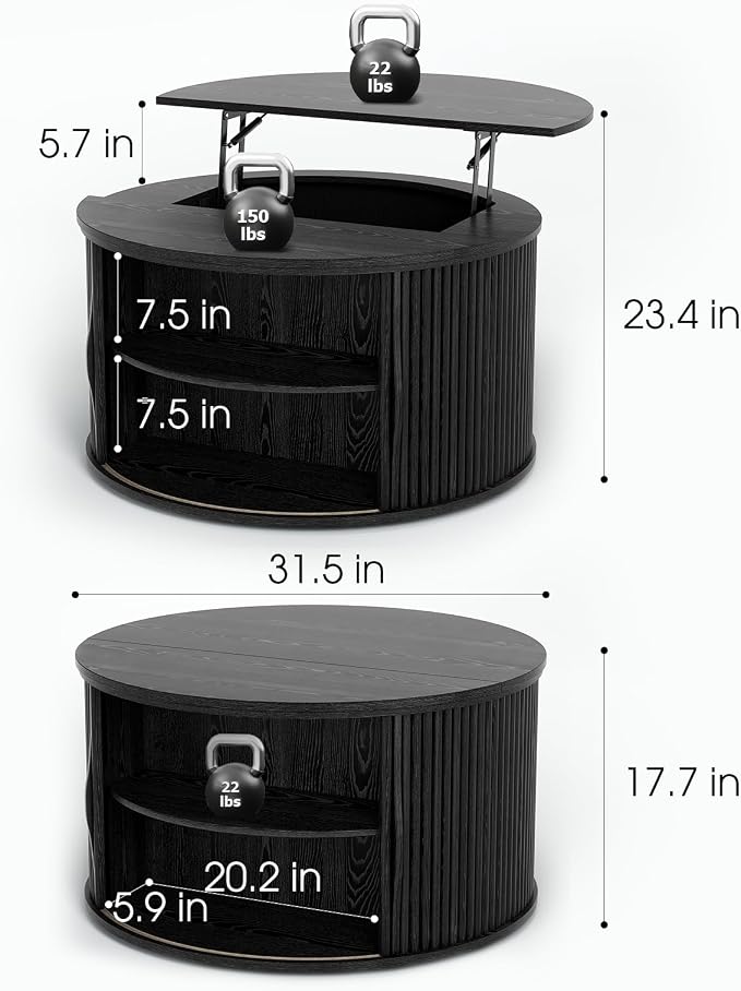 JOINICE 31.5" Black Round Lift Top Coffee Table, Modern Fluted Drum Center Table - Image 2