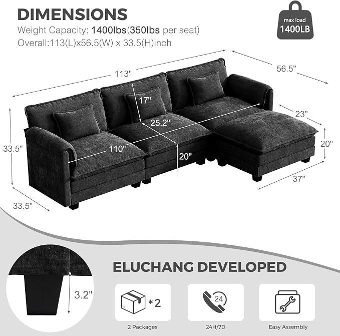 ELUCHANG Oversized 113" Modular Sectional Sofa, Comfy Cloud Couch, L Shaped - Image 2