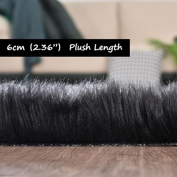 Goolela Black Round Rug 5ft Fluffy Fuzzy Sheepskin Carpet - Image 3
