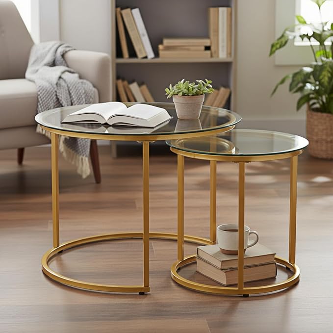 Round Nesting Coffee Table Set of 2, Modern Glass Nesting Tables, Stacking by Cuizehua