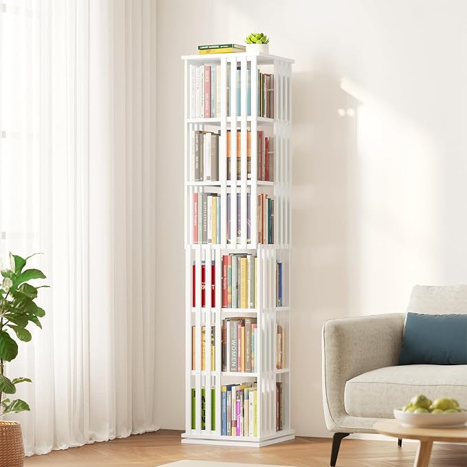 SpaceAid 6 Tier Rotating Bookshelf Tower, Bamboo Spinning Book Shelf, Revolving by SpaceAid