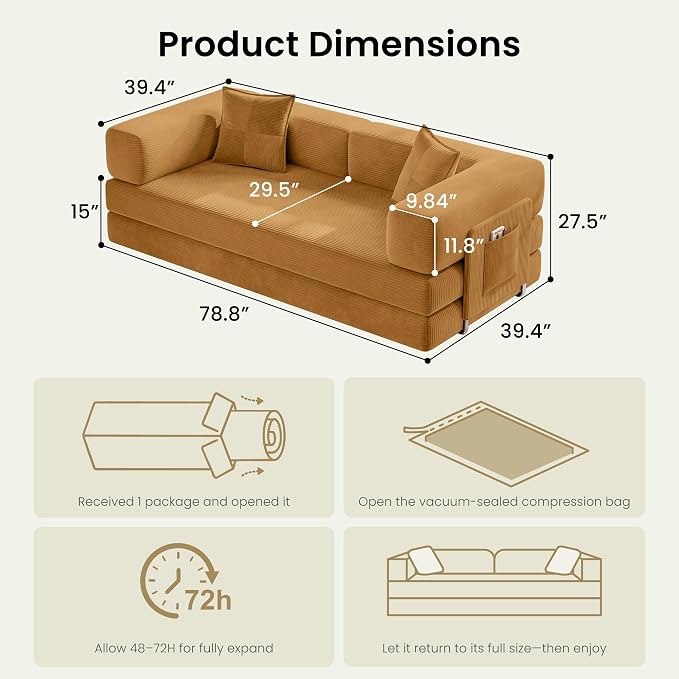 78.8" Convertible Futon Sofa Bed, Corduroy Futon Couch - Image 2