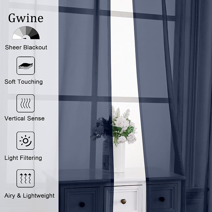 Gwine Navy Blue Sheer Curtains for Bedroom 54 inches Long 2 Panels, Light - Image 2