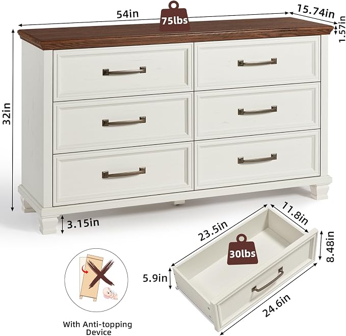 SAVOR LIFE Farmhouse White 6 Drawer Dresser - Image 2
