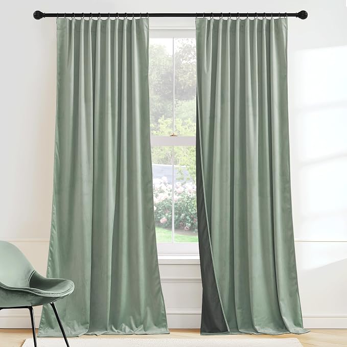 RYB HOME Mint Green Velvet Curtains 90 inches Long, Room Darkening, Floor-Length by RYBHOME