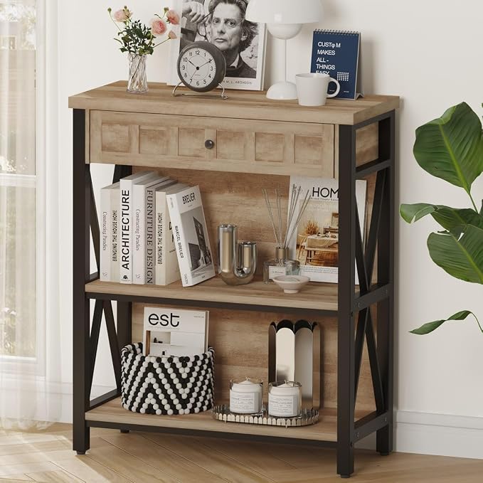 FATORRI Rustic Bookshelf with Drawer, Industrial Wood and Metal Bookcase by FATORRI