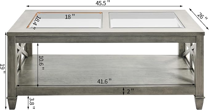 Solid Wood Coffee Table with Tempered Glass Top, 2-Tier 45.5" X 26" Farmhouse - Image 2