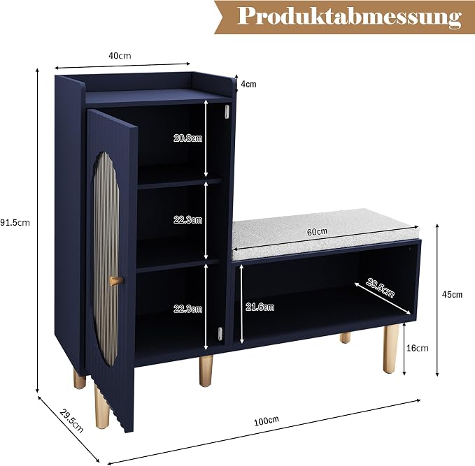 HLR Storage Bench with Glass Door&Shelf, Modern Entryway Shoe Cabinet Bench - Image 2