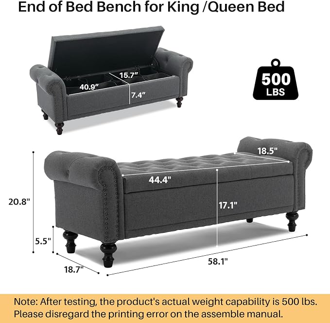 SOFTHION 58.1" Storage Bench Upholstered Linen End of Bedroom Bed Bench Ottoman - Image 2