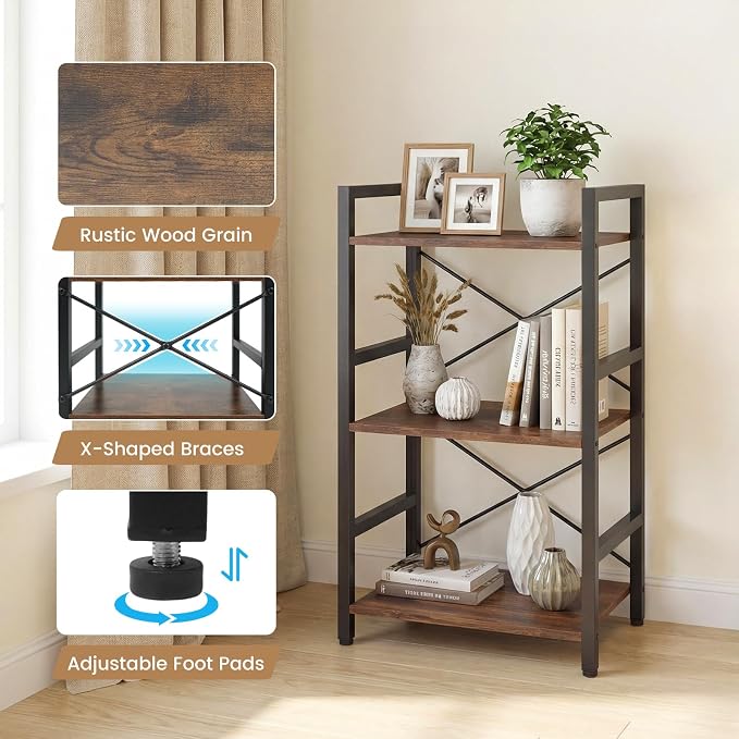 Tangkula 3-Tier Industrial Bookshelf, 16.5" Width Wooden Open Bookcase - Image 9