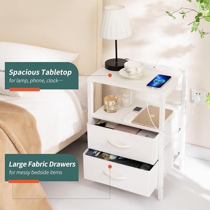 Yoobure Nightstand with Charging Station, LED Night Stand with Fabric Drawers - Image 6