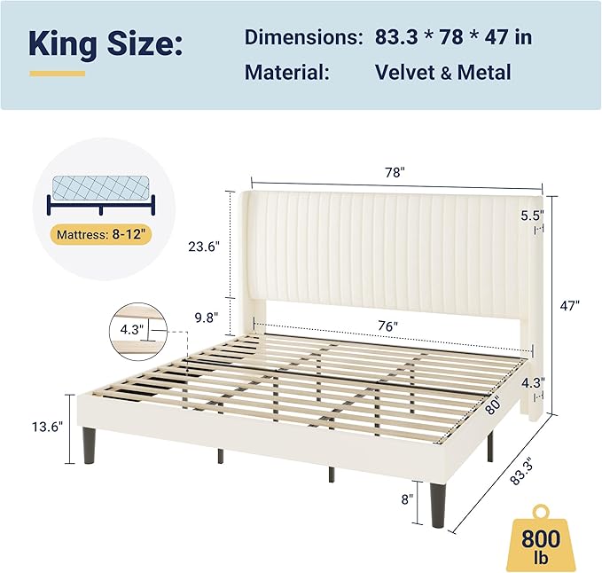 Allewie King Size Velvet Bed Frame/Vertical Channel Tufted Wingback - Image 2