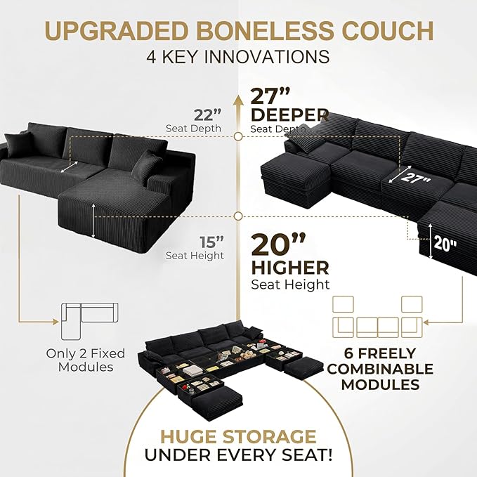 Upgrade Boneless Couch with Storage, Extra Deep&High Seat Modular Sectional - Image 6