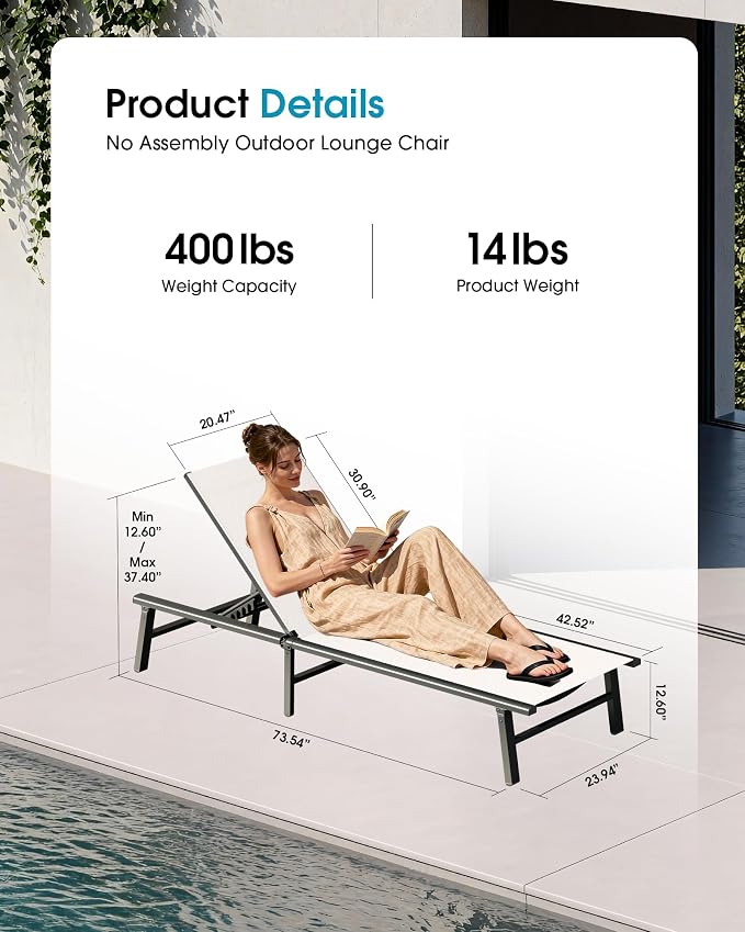 Ciokea Foldable Outdoor Lounge Chair, No Assembly Patio Chaise Lounge Outdoor - Image 2
