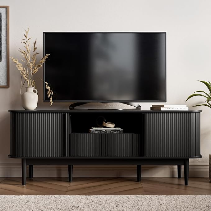 MAISONARIA 63" Black TV Stand, Fluted Entertainment Center - Image 2