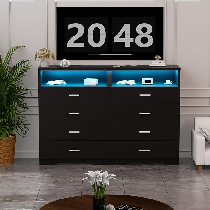 FJTJBSI Dresser with Power Outlets and LED Lights Wooden 4 Drawer Dresser with - Image 2