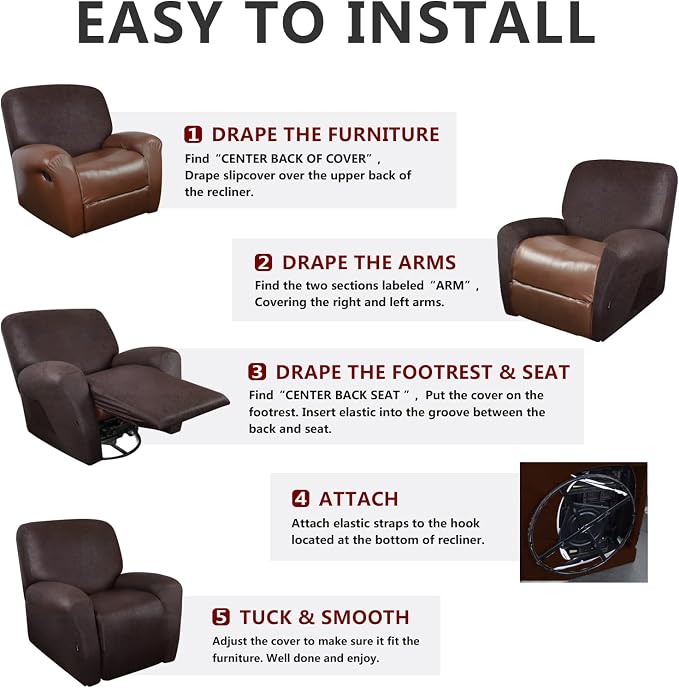 ANARACHON Recliner Chair Covers Leather Like, 4 Pieces Recliner Cover - Image 5