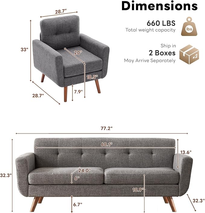 Tbfit Mid Century Modern Sofa Couch, Standard Sofa & Accent Chair | linen fabric - Image 2