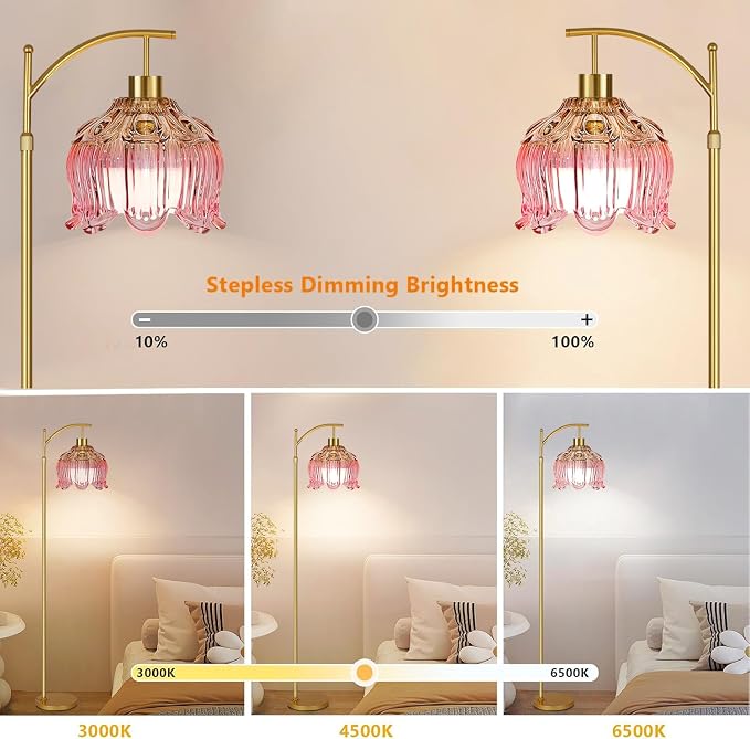 QIYIZM Pink Floor Lamp for Living Room, Glass Gold Dimmable Standing Lamp - Image 2