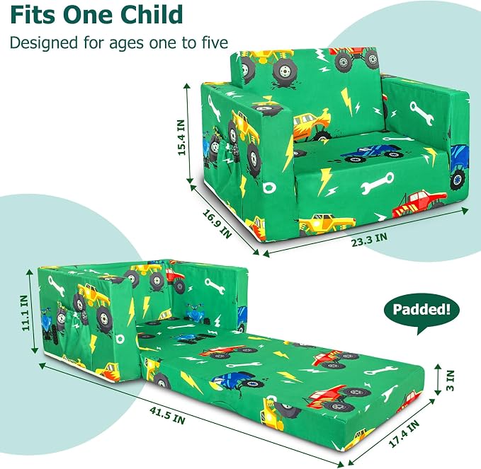 Kids Couch, 2-in-1 Kids Fold Out Sofa, Convertible Toddler Couch to Lounger - Image 2