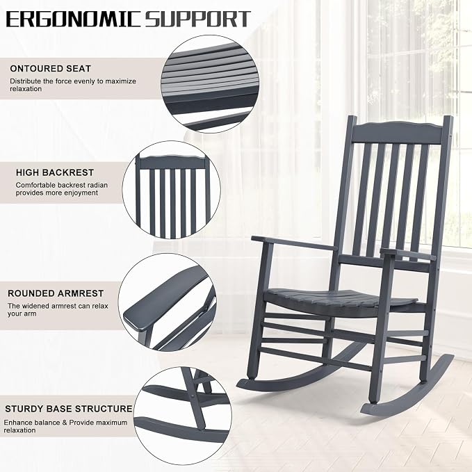 Outvita Outdoor Rocking Chair, Solid Wood High Back Rocker, All Weather Lounge - Image 5