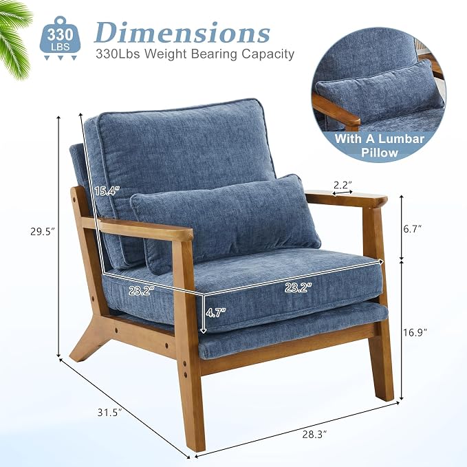 VINGLI Solid Wood Wide Armrests Accent Chair, Upholstered Mid Century Modern - Image 2