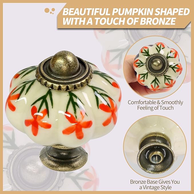 Ivory & Orange Pumpkin Knobs 2 Pack Ceramic Cabinet Knobs Vintage Drawer Pulls - Image 2