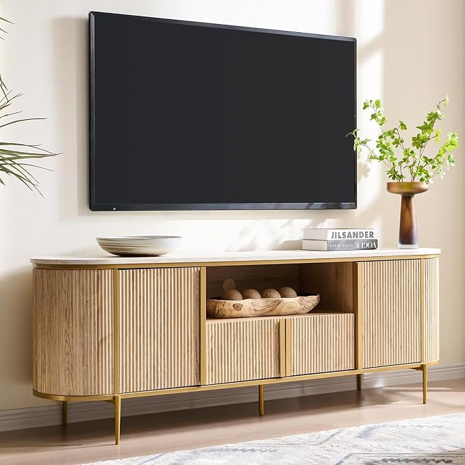 OKD 70" Fluted TV Stand with Storage, Faux Marble Top Entertainment Center - Image 2