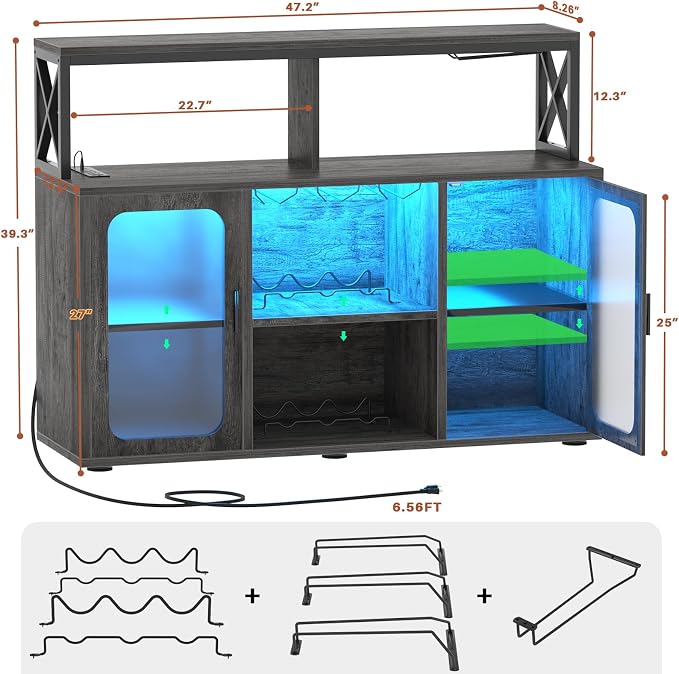 Aheaplus Bar Cabinet with Power Outlets, Liquor Cabinet with Led Lights and - Image 2