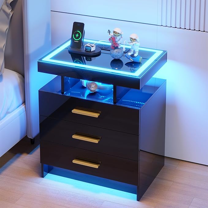 HNEBC Night Stand Set 2 with LED Lights, High Gloss Nightstand with 3 Drawers - Image 8